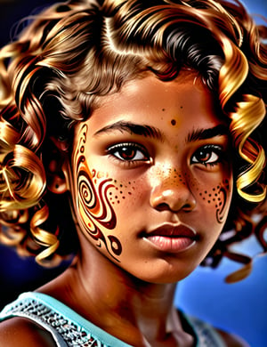 A triangular art style of a beautiful 14-year-old Paraguayan girl with caramel skin tone and short, curly hair, close-up of her face, front view, with a serious expression. (((intricate details))), (((best quality))), (((extreme detail quality))), (((complex composition))), in the style of Charis Tsevis, Chris Duffy, Tim Biskup.