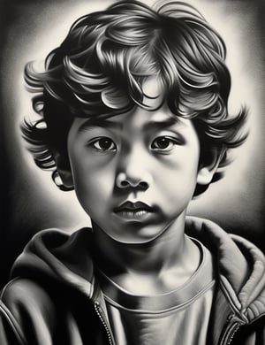 A black and white charcoal art style on canvas of a 12-year-old Japanese boy with short, curly hair, close-up of his face, front view, with a serious expression. (((intricate details))), (((best quality))), (((extreme detail quality))), (((complex composition))), in the style of Kathe Kollwitz, Robert Longo, Paul Cadden.