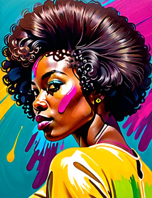 A close-up portrait of a beautiful 28-year-old Nigerian woman with caramel skin and black Afro hair, front view, in gouache style with an explosion of colors, using vibrant hues like magenta, turquoise, and bright yellow with smooth, creamy textures. Artists: Mary Blair, John Singer Sargent, Henri Matisse.