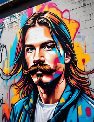 Create an impressive graffiti artwork on a wall, using vibrant colors, depicting a 25-year-old Finnish man with long hair and a thin mustache on his face. The focus should be a close-up of his face from a frontal view. Use the dynamism and expressiveness of graffiti to capture the details of his features, emphasizing the texture of his hair and the definition of his mustache. The artwork should convey a sense of modernity and creativity, reflecting the uniqueness of his expression.






