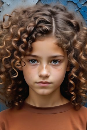 A close-up portrait of a 13-year-old Argentine girl with curly hair, front view, in iron art style, using a palette of metallic tones like silvery gray, rusted brown, and dark steel blue with rugged, textured surfaces. Artists: Richard Serra, Antony Gormley, Julio González.