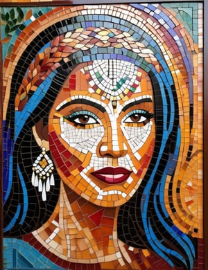 Create a vibrant mosaic artwork on a street, depicting a beautiful 25-year-old Honduran woman with tan skin and straight red hair. The focus should be a close-up of her face from a frontal view. Use a variety of colorful tiles to intricately capture her facial features and the texture of her hair. The artwork should convey a sense of warmth and elegance, highlighting the beauty and serenity of her expression through the careful arrangement of the mosaic pieces.






