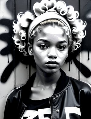 A black and white graffiti art style on a wall of a beautiful 15-year-old Russian girl with dark skin and short, curly blonde hair, thick lips, close-up of her face, front view. (((intricate details))), (((best quality))), (((extreme detail quality))), (((complex composition))), in the style of Banksy, Jean-Michel Basquiat, Shepard Fairey.