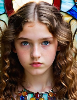 A beautiful 15-year-old Russian girl with long, slightly curly hair and light-colored eyes, with a serious expression on her face, front view, simple background, white background. (((intricate details))), (((best quality))), (((extreme detail quality))), (((complex composition))), stained glass art style, vibrant and translucent colors, intricate glass textures. Louis Comfort Tiffany, Harry Clarke, Charles Rennie Mackintosh