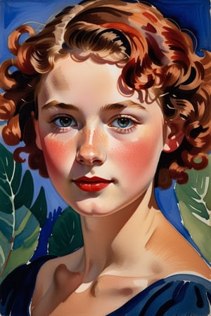  A close-up portrait of a beautiful 15-year-old German girl with fair skin and short, curly hair with red streaks, front view, in gouache style, using a vibrant palette of rich earth tones, deep blues, and warm reds with smooth, creamy textures. Artists: Mary Blair, John Singer Sargent, Henri Matisse.