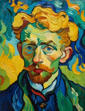 A close-up portrait of a 25-year-old Russian man with fair skin and short, curly blonde hair, front view, in the style of Vincent van Gogh, using a vibrant color palette of rich blues, deep yellows, and bold greens with Van Gogh's signature swirling, textured brushstrokes. Artists: Vincent van Gogh, Henri de Toulouse-Lautrec, Paul Gauguin.