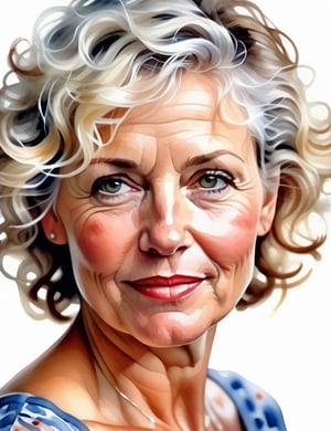 A watercolor art style on canvas of a beautiful mature woman around 35 years old with fair skin and short, curly white hair, close-up of her face, front view. (((intricate details))), (((best quality))), (((extreme detail quality))), (((complex composition))), in the style of Alvaro Castagnet, Joseph Zbukvic, Steve Hanks.