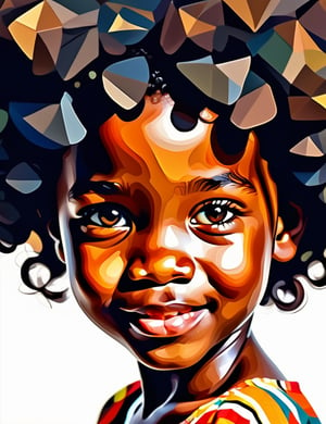  A polygonal art style of a beautiful 6-year-old African child with dark skin and tightly curled black hair, close-up of their face, front view, with a happy expression. (((intricate details))), (((best quality))), (((extreme detail quality))), (((complex composition))), in the style of Charis Tsevis, Jen Stark, Liam Brazier.