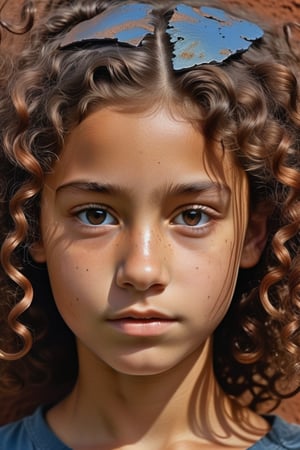 A close-up portrait of a 13-year-old Argentine girl with curly hair, front view, in iron art style, using a palette of metallic tones like silvery gray, rusted brown, and dark steel blue with rugged, textured surfaces. Artists: Richard Serra, Antony Gormley, Julio González.