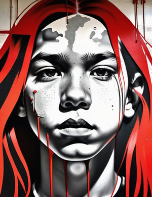  A graphite art style on a wall of a 13-year-old French boy with long, straight hair with red streaks, close-up of his face, front view. (((intricate details))), (((best quality))), (((extreme detail quality))), (((complex composition))), in the style of David Choe, Dan Witz, Vhils.