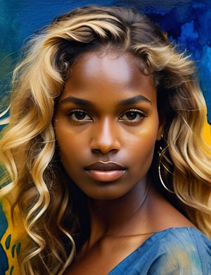  A close-up portrait of a beautiful 25-year-old Brazilian woman with dark skin and blonde, wavy, straight hair, serious expression, front view, in watercolor style, using a palette of rich earth tones, deep blues, and vibrant yellows with flowing, transparent textures. Artists: Albrecht Dürer, Winslow Homer, John Singer Sargent.