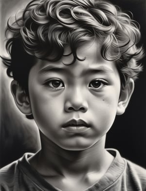 A black and white charcoal art style on canvas of a 12-year-old Japanese boy with short, curly hair, close-up of his face, front view, with a serious expression. (((intricate details))), (((best quality))), (((extreme detail quality))), (((complex composition))), in the style of Kathe Kollwitz, Robert Longo, Paul Cadden.