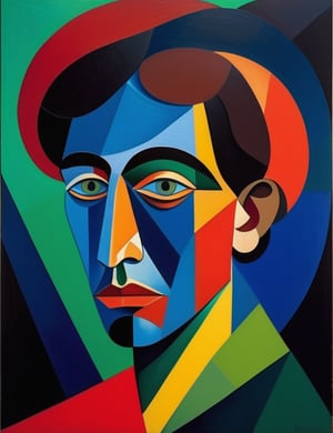 A close-up portrait of a 24-year-old Russian man with fair skin and short, curly black hair, serious expression, front view, in polygonal art style, using sharp geometric shapes and a palette of bold colors like dark red, deep blue, and vibrant green. Artists: Pablo Picasso, Viktor Vasarely, Jean Metzinger.