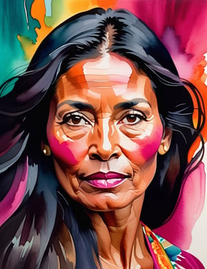  A close-up portrait of a beautiful 45-year-old Bolivian woman with caramel skin and long, straight black hair, front view, in watercolor style with an explosion of colors, using vibrant hues like fuchsia, teal, and golden orange with fluid, dynamic textures. Artists: Georgia O'Keeffe, Winslow Homer, Jean Haines.