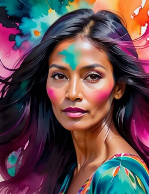  A close-up portrait of a beautiful 45-year-old Bolivian woman with caramel skin and long, straight black hair, front view, in watercolor style with an explosion of colors, using vibrant hues like fuchsia, teal, and golden orange with fluid, dynamic textures. Artists: Georgia O'Keeffe, Winslow Homer, Jean Haines.