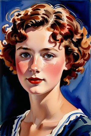  A close-up portrait of a beautiful 15-year-old German girl with fair skin and short, curly hair with red streaks, front view, in gouache style, using a vibrant palette of rich earth tones, deep blues, and warm reds with smooth, creamy textures. Artists: Mary Blair, John Singer Sargent, Henri Matisse.