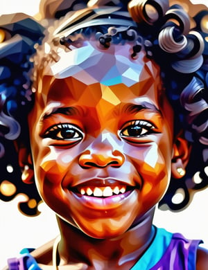  A polygonal art style of a beautiful 6-year-old African child with dark skin and tightly curled black hair, close-up of their face, front view, with a happy expression. (((intricate details))), (((best quality))), (((extreme detail quality))), (((complex composition))), in the style of Charis Tsevis, Jen Stark, Liam Brazier.