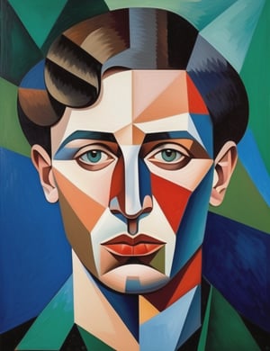 A close-up portrait of a 24-year-old Russian man with fair skin and short, curly black hair, serious expression, front view, in polygonal art style, using sharp geometric shapes and a palette of bold colors like dark red, deep blue, and vibrant green. Artists: Pablo Picasso, Viktor Vasarely, Jean Metzinger.