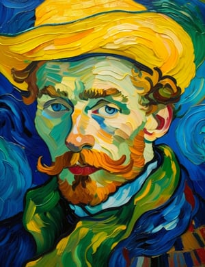 A close-up portrait of a 25-year-old Russian man with fair skin and short, curly blonde hair, front view, in the style of Vincent van Gogh, using a vibrant color palette of rich blues, deep yellows, and bold greens with Van Gogh's signature swirling, textured brushstrokes. Artists: Vincent van Gogh, Henri de Toulouse-Lautrec, Paul Gauguin.