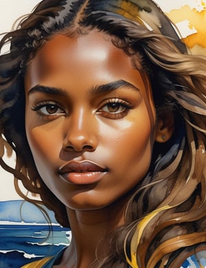  A close-up portrait of a beautiful 25-year-old Brazilian woman with dark skin and blonde, wavy, straight hair, serious expression, front view, in watercolor style, using a palette of rich earth tones, deep blues, and vibrant yellows with flowing, transparent textures. Artists: Albrecht Dürer, Winslow Homer, John Singer Sargent.