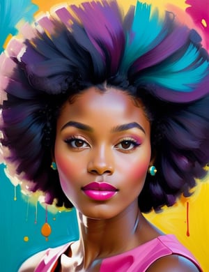 A close-up portrait of a beautiful 28-year-old Nigerian woman with caramel skin and black Afro hair, front view, in gouache style with an explosion of colors, using vibrant hues like magenta, turquoise, and bright yellow with smooth, creamy textures. Artists: Mary Blair, John Singer Sargent, Henri Matisse.