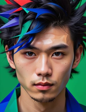 A close-up portrait of a 24-year-old Japanese man with fair skin and spiky, curly black hair, front view, in polygonal art style, using a palette of sharp, vibrant colors such as crimson, cobalt blue, and emerald green with defined, angular textures. Artists: Daniel Martin, Georg Nees, Manfred Mohr.