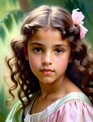 A close-up portrait of a beautiful 12-year-old Brazilian girl with caramel skin and tightly curled hair, front view, in a subtle painting style with fine strokes, using a delicate color palette of soft pinks, light browns, and gentle greens with smooth, refined textures. Artists: John Singer Sargent, Mary Cassatt, William-Adolphe Bouguereau.

