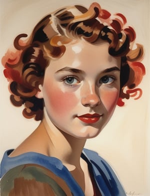  A close-up portrait of a beautiful 15-year-old German girl with fair skin and short, curly hair with red streaks, front view, in gouache style, using a vibrant palette of rich earth tones, deep blues, and warm reds with smooth, creamy textures. Artists: Mary Blair, John Singer Sargent, Henri Matisse.
