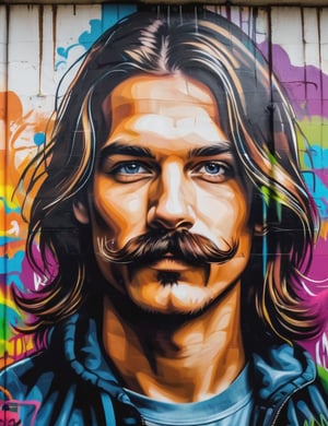 Create an impressive graffiti artwork on a wall, using vibrant colors, depicting a 25-year-old Finnish man with long hair and a thin mustache on his face. The focus should be a close-up of his face from a frontal view. Use the dynamism and expressiveness of graffiti to capture the details of his features, emphasizing the texture of his hair and the definition of his mustache. The artwork should convey a sense of modernity and creativity, reflecting the uniqueness of his expression.






