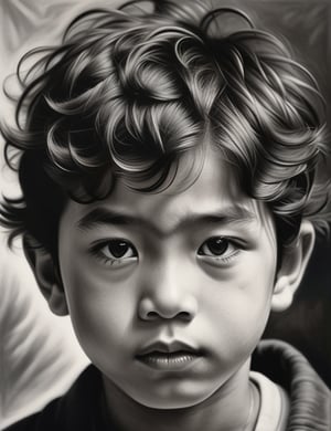 A black and white charcoal art style on canvas of a 12-year-old Japanese boy with short, curly hair, close-up of his face, front view, with a serious expression. (((intricate details))), (((best quality))), (((extreme detail quality))), (((complex composition))), in the style of Kathe Kollwitz, Robert Longo, Paul Cadden.