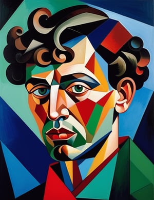 A close-up portrait of a 24-year-old Russian man with fair skin and short, curly black hair, serious expression, front view, in polygonal art style, using sharp geometric shapes and a palette of bold colors like dark red, deep blue, and vibrant green. Artists: Pablo Picasso, Viktor Vasarely, Jean Metzinger.