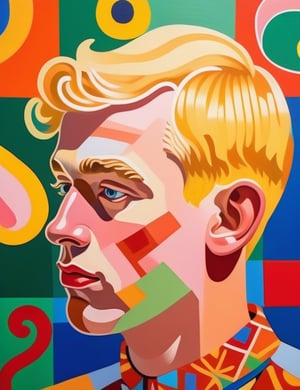 A gouache art style on a wall of a 23-year-old Dutch man with fair skin and short, tightly curled blonde hair, vibrant colors, warm colors, neon colors, close-up of his face, front view. (((intricate details))), (((best quality))), (((extreme detail quality))), (((complex composition))), in the style of Henri Matisse, David Hockney, Keith Haring.