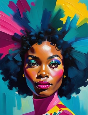 A close-up portrait of a beautiful 28-year-old Nigerian woman with caramel skin and black Afro hair, front view, in gouache style with an explosion of colors, using vibrant hues like magenta, turquoise, and bright yellow with smooth, creamy textures. Artists: Mary Blair, John Singer Sargent, Henri Matisse.