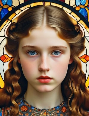 A beautiful 15-year-old Russian girl with long, slightly curly hair and light-colored eyes, with a serious expression on her face, front view, simple background, white background. (((intricate details))), (((best quality))), (((extreme detail quality))), (((complex composition))), stained glass art style, vibrant and translucent colors, intricate glass textures. Louis Comfort Tiffany, Harry Clarke, Charles Rennie Mackintosh