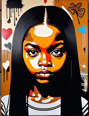  A graffiti art style on canvas of a beautiful 14-year-old Nigerian girl with caramel skin tone and long, straight hair, close-up of her face, front view. (((intricate details))), (((best quality))), (((extreme detail quality))), (((complex composition))), in the style of Banksy, Jean-Michel Basquiat, Shepard Fairey.

