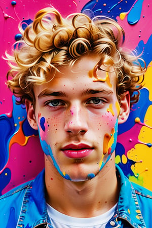  A close-up portrait of a 23-year-old Dutch man with caramel skin and very short, curly blonde hair, front view, in splash art style with an explosion of colors, using vibrant hues like neon pink, electric blue, and bright yellow with dynamic, splattered textures. Artists: Jackson Pollock, Sam Francis, Helen Frankenthaler.