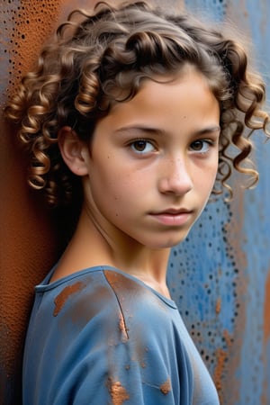 A close-up portrait of a 13-year-old Argentine girl with curly hair, front view, in iron art style, using a palette of metallic tones like silvery gray, rusted brown, and dark steel blue with rugged, textured surfaces. Artists: Richard Serra, Antony Gormley, Julio González.