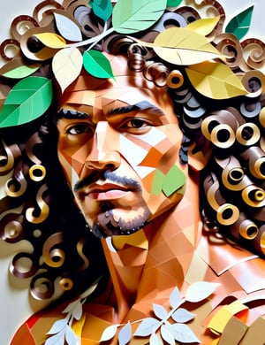 An art style using pieces of paper leaves of a 34-year-old Mexican man with long curly hair, close-up of his face, front view. (((intricate details))), (((best quality))), (((extreme detail quality))), (((complex composition))), in the style of Derek Gores, Vik Muniz, Yuken Teruya.