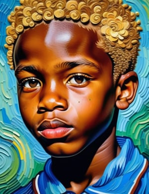 An art style in the manner of Vincent van Gogh of a 12-year-old Brazilian boy with dark skin and very short, tightly curled blonde hair, close-up of his face, front view. (((intricate details))), (((best quality))), (((extreme detail quality))), (((complex composition))), in the style of Vincent van Gogh, Paul Cézanne, Henri Matisse.