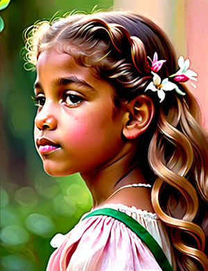 A close-up portrait of a beautiful 12-year-old Brazilian girl with caramel skin and tightly curled hair, front view, in a subtle painting style with fine strokes, using a delicate color palette of soft pinks, light browns, and gentle greens with smooth, refined textures. Artists: John Singer Sargent, Mary Cassatt, William-Adolphe Bouguereau.

