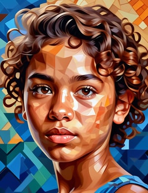 A triangular art style of a beautiful 14-year-old Paraguayan girl with caramel skin tone and short, curly hair, close-up of her face, front view, with a serious expression. (((intricate details))), (((best quality))), (((extreme detail quality))), (((complex composition))), in the style of Charis Tsevis, Chris Duffy, Tim Biskup.