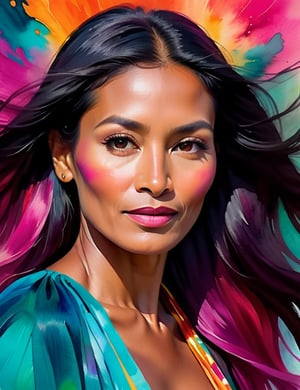  A close-up portrait of a beautiful 45-year-old Bolivian woman with caramel skin and long, straight black hair, front view, in watercolor style with an explosion of colors, using vibrant hues like fuchsia, teal, and golden orange with fluid, dynamic textures. Artists: Georgia O'Keeffe, Winslow Homer, Jean Haines.