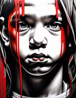  A graphite art style on a wall of a 13-year-old French boy with long, straight hair with red streaks, close-up of his face, front view. (((intricate details))), (((best quality))), (((extreme detail quality))), (((complex composition))), in the style of David Choe, Dan Witz, Vhils.