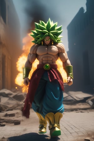 Broly, full body, angry, realistic, facing the camera, walking to fight in a warzone desolate and ruined city of Israel-Hamas, burning city, bomb blast, dark intricate textiles, Cinematic mood lighting. Masterpiece, award-winning, Artstation, 8k, perfect composition ((High skin details, skin details)), Sharp Focus, 8K UHD, DSLR, equality, film grain, animegodxl, midjourney,Monster,Dan Avidan,monster