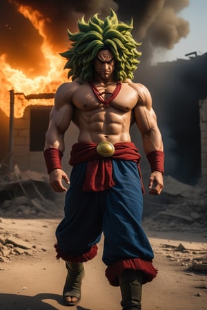 Broly, full body, angry, realistic, facing the camera, walking to fight in a warzone desolate and ruined city of Israel-Hamas, burning city, bomb blast, dark intricate textiles, Cinematic mood lighting. Masterpiece, award-winning, Artstation, 8k, perfect composition ((High skin details, skin details)), Sharp Focus, 8K UHD, DSLR, equality, film grain, animegodxl, midjourney,Monster,Dan Avidan