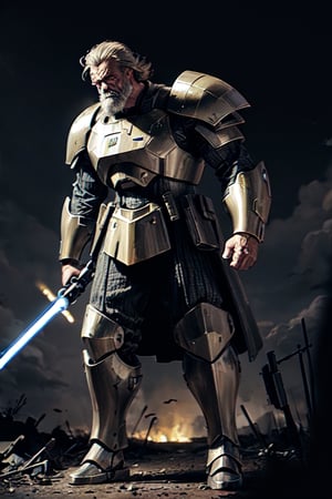 Older Caucasian man, jedi sable, lightsaber, smoke around, blonde long brusied hair, face wrinkles and battle scars, grungy, perfect grayed beard, unlit short cigar in crooked smirked mouth. Detailed Mech warrior detailed full body mech armor, large detailed battle rifle on back of torso, dulled red paint bordering armor, detailed half mech battle helmet hooked on detailed ammo belt. Detailed mech boots, full_body heroic pose, portrait, background flashing lightning, sparks, flame sparks destroyed buildings, burning trees,broly,smoke