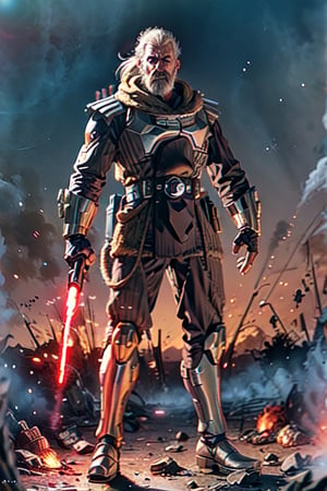 Older Caucasian man, jedi sable, lightsaber, smoke around, blonde long brusied hair, face wrinkles and battle scars, grungy, perfect grayed beard, unlit short cigar in crooked smirked mouth. Detailed Mech warrior detailed full body mech armor, large detailed battle rifle on back of torso, dulled red paint bordering armor, detailed half mech battle helmet hooked on detailed ammo belt. Detailed mech boots, full_body heroic pose, portrait, background flashing lightning, sparks, flame sparks destroyed buildings, burning trees,broly,smoke,light_saber