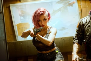 female_solo,mesh tank-top,realistic,masterpiece,mature woman,thin_fit,ample_cleavage,cyberpunk,left side of head shaved on girl,light pink_hair,fierce_gaze,nasal_piercing,left_earring,oily_skin,grey_eyes,pointing_handgun,firearm,four fingers and one thumb
