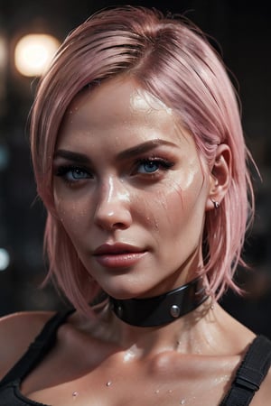 Cyberpunk, hyper-realistic, detailed_facials, light_pink_hair, light_brown_eyes, sweaty, long_sharp_black_nails.,b1mb0