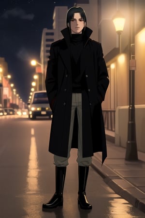 (Perfect face), (MASTERPIECE), youthful man, itachi, detective clothes, cargo pants, scraches on face, night city, street lights, smoking, tactical boots, black trench